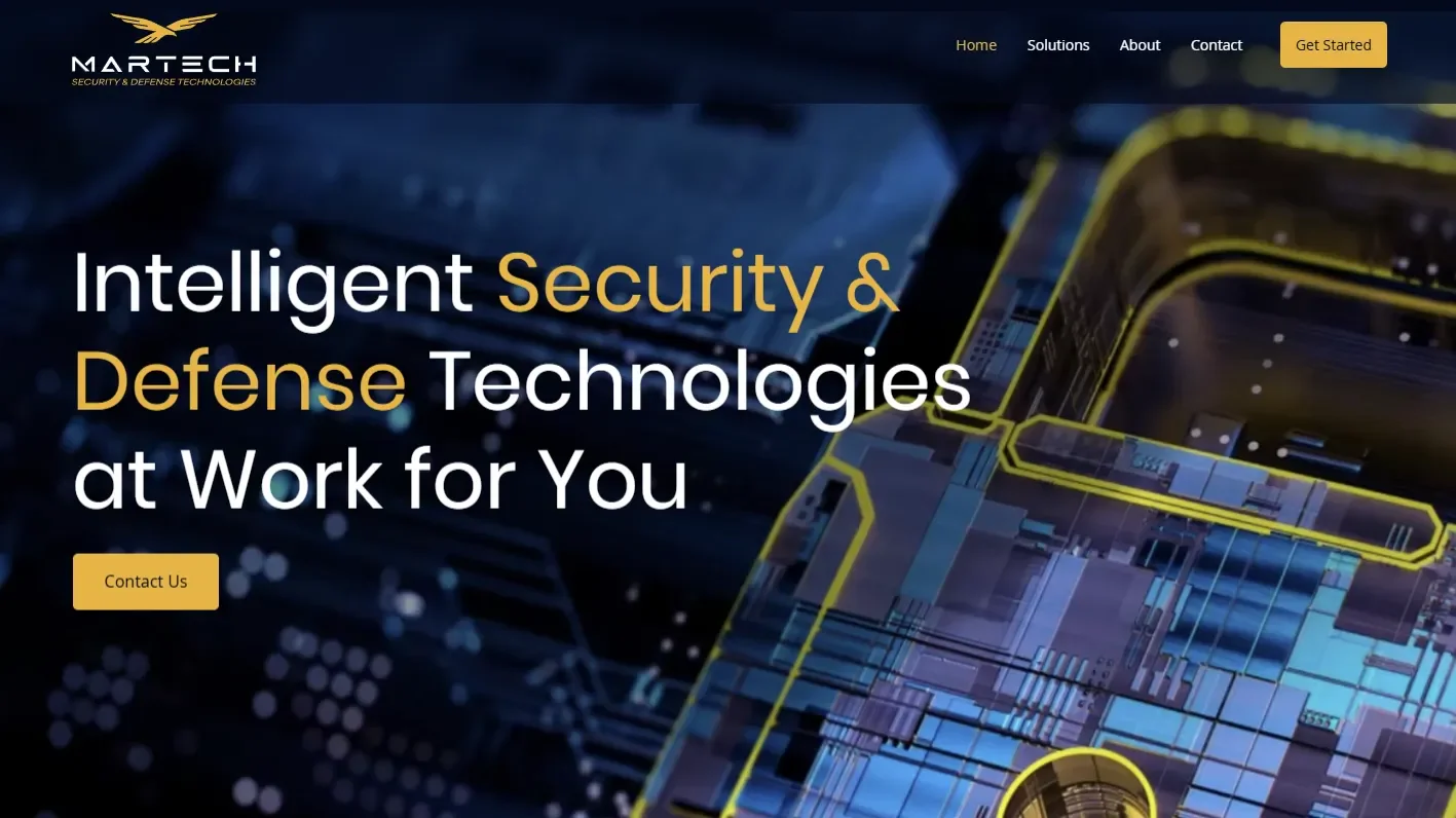 MARTECH home page: the headline 'Intelligent Security & Defense Technologies at Work for You' in white and gold over a glowing circuit-board padlock, with a Contact Us button