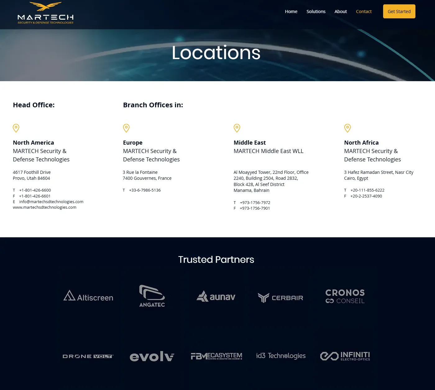 Locations page: a head office in North America and branch offices in Europe, the Middle East and North Africa with addresses and phone numbers, above a band of trusted partner logos
