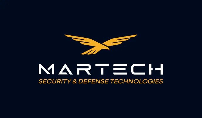 The MARTECH logo on navy: a gold eagle with spread wings above the white MARTECH wordmark and 'Security & Defense Technologies' in gold