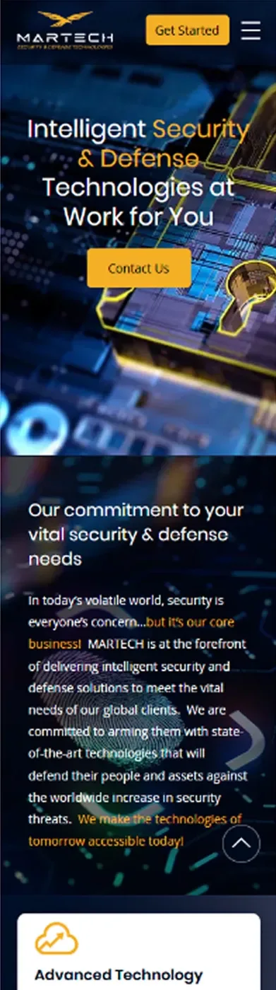 Top of the MARTECH home page at phone width: the logo and a Get Started button, the headline with a Contact Us button, a statement of commitment, and the start of an Advanced Technology card