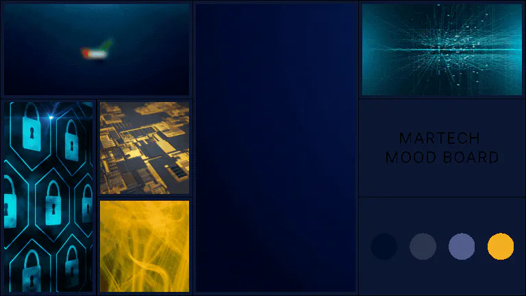 The MARTECH mood board on navy: tiles of blue padlock graphics, gold circuitry, a gold abstract texture, a cyan digital grid, a small map in the colors of the UAE flag, a navy panel, and four color dots from dark navy to gold