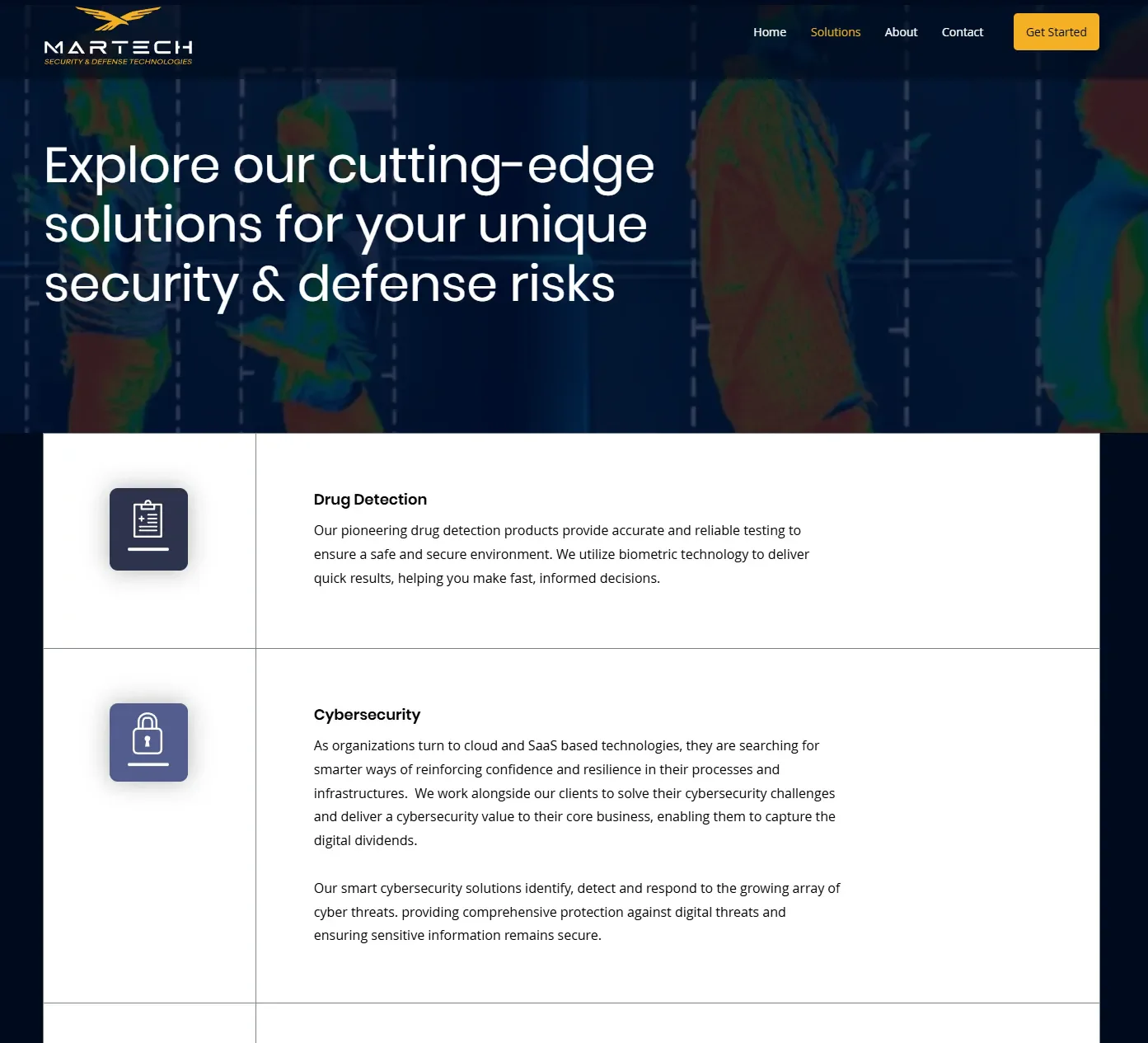 Solutions page headed 'Explore our cutting-edge solutions for your unique security & defense risks', listing Drug Detection and Cybersecurity with icons and descriptions