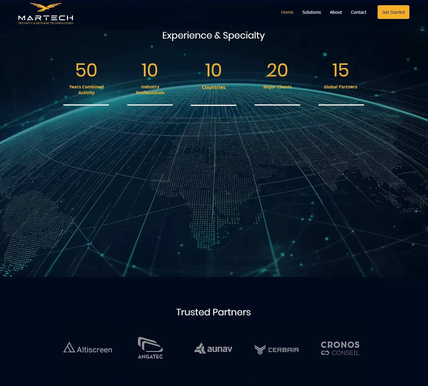 Experience & Specialty section: 50 years combined activity, 10 industry professionals, 10 countries, 20 major clients and 15 global partners over a digital globe, above a row of partner logos