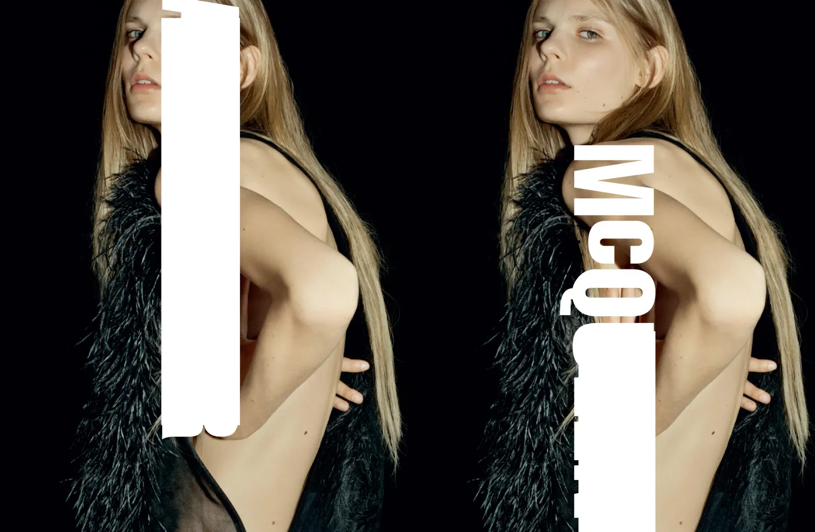 McQ campaign photograph: two frames of a model with long blonde hair in a dark feather coat against black, overlaid with a large white McQ wordmark and a white bar