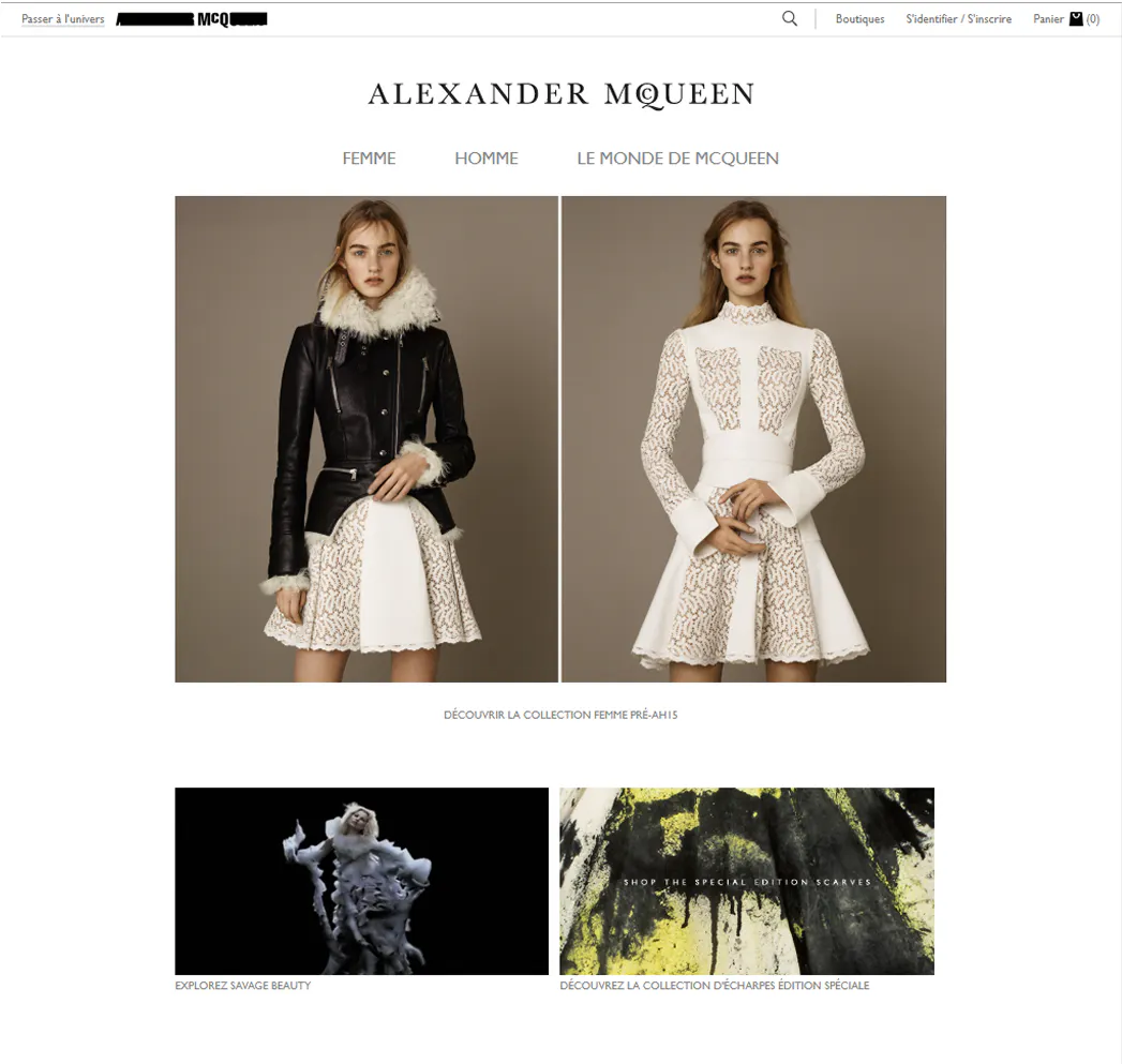 The Alexander McQueen website in French, with a link to McQ at the top
