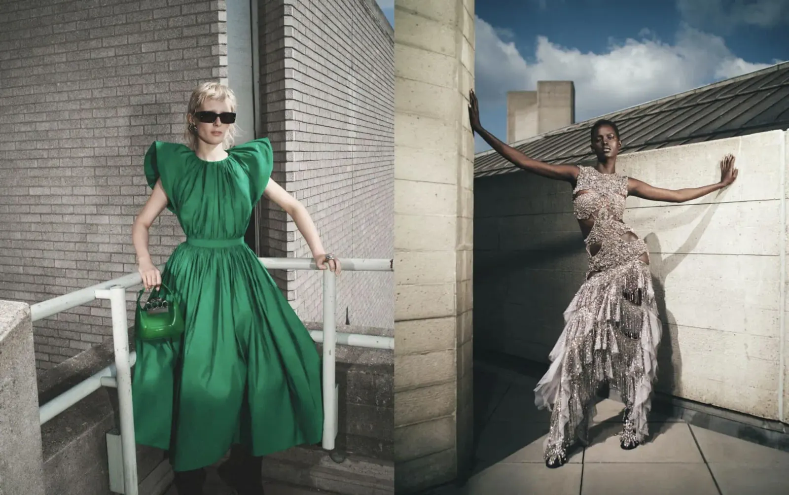 Alexander McQueen AW23 campaign photograph, two frames on a rooftop: a model in a green dress and sunglasses holding a green bag against a brick wall, and a model in an embellished, cut-out ruffled gown against concrete