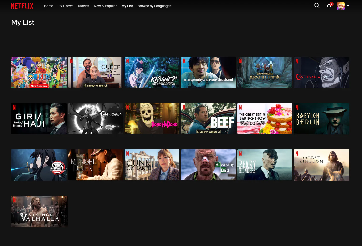 Screenshot of the Netflix desktop My List page at the time: a grid of show and film posters on black