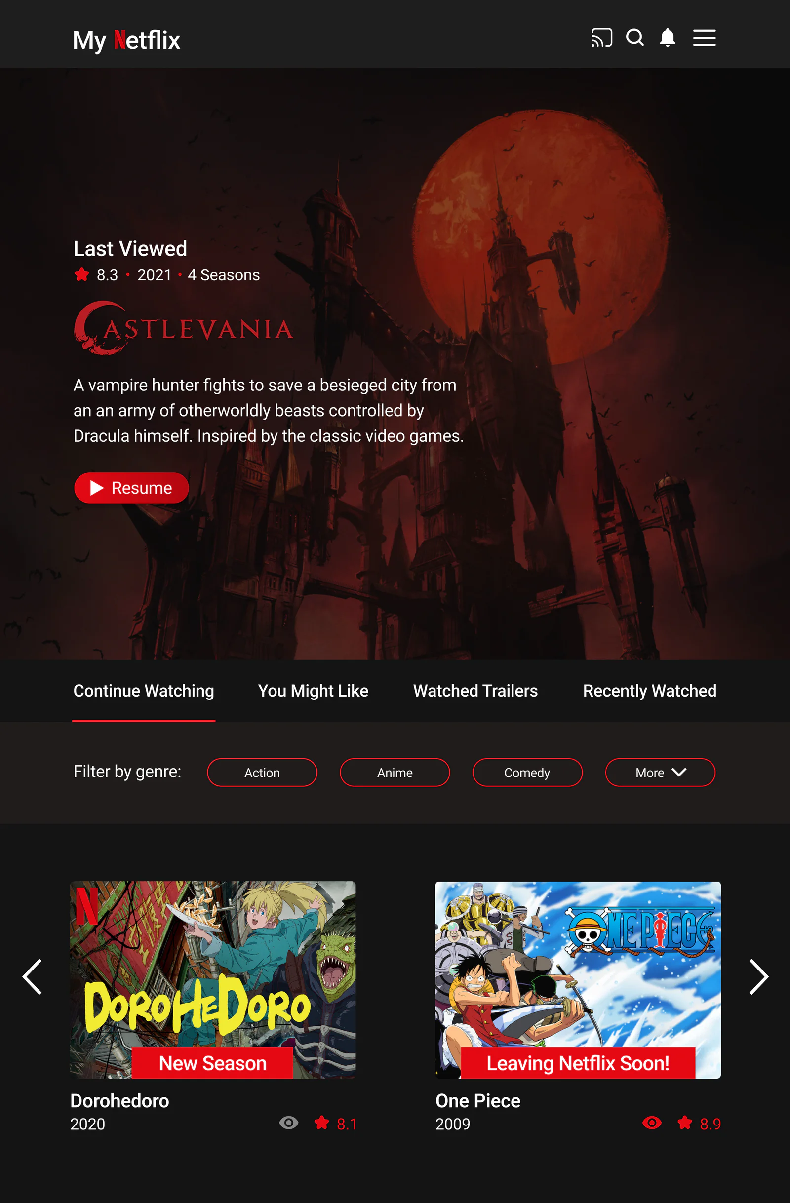 High-fidelity My Netflix mobile screen: a Castlevania Last Viewed banner, tabs, genre filters, and a carousel of Dorohedoro, marked New Season, and One Piece, marked Leaving Netflix Soon!