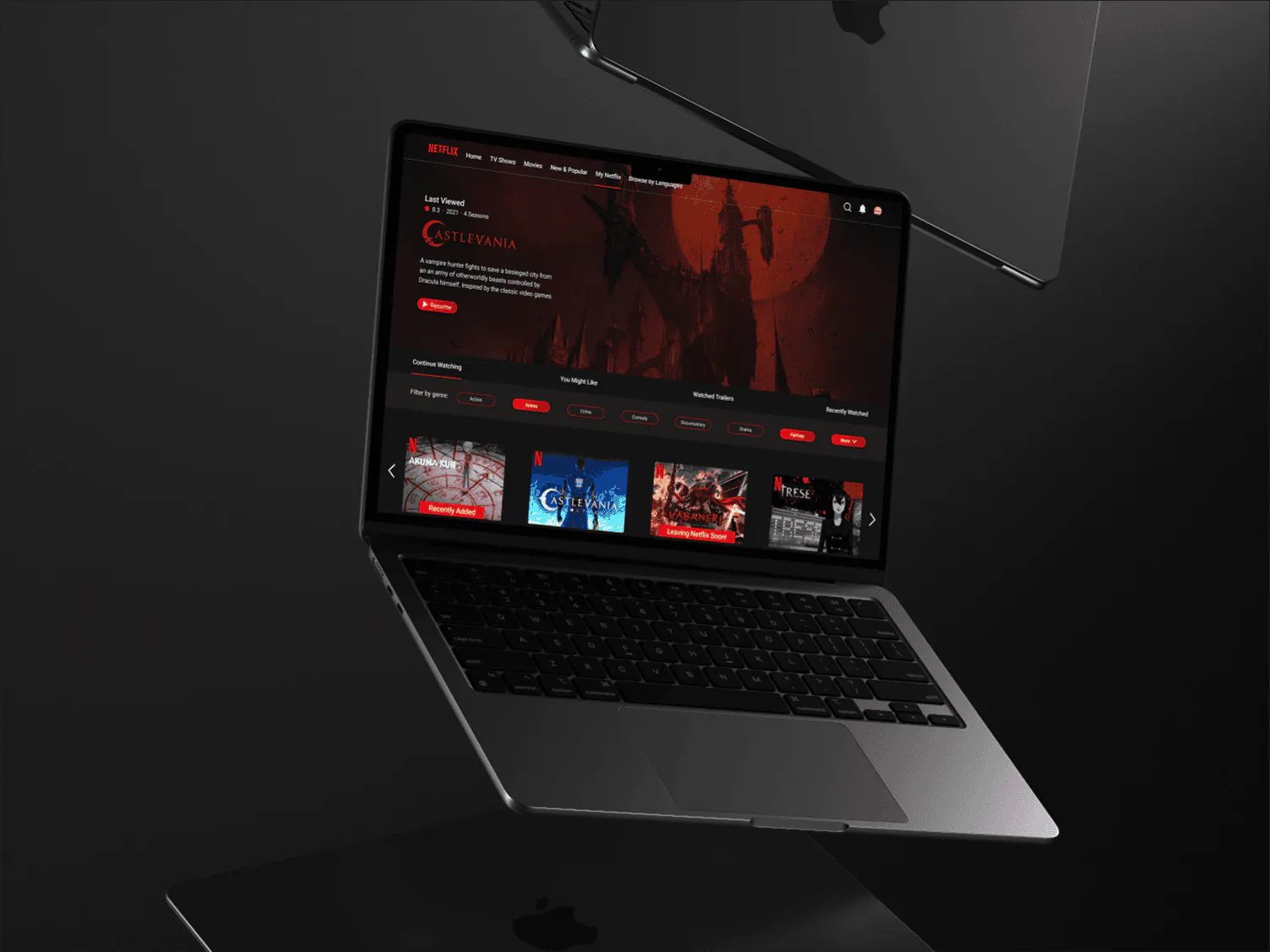 An open laptop against a dark background showing the My Netflix desktop redesign, with a Castlevania banner and a row of anime titles