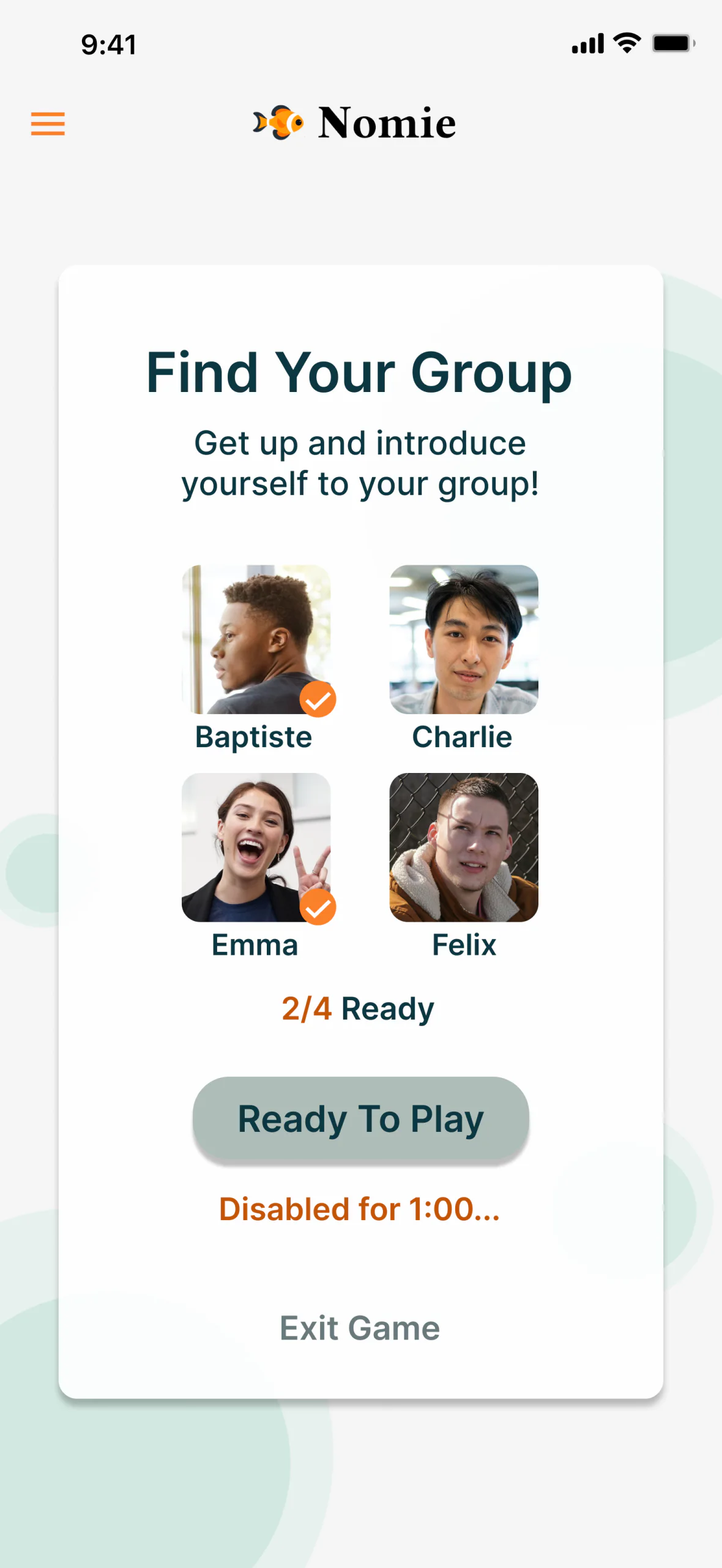 Find Your Group after testing: the title with 'Get up and introduce yourself to your group!' beneath, four classmates' photos with 2/4 Ready, a greyed-out Ready To Play button, and 'Disabled for 1:00...' in orange
