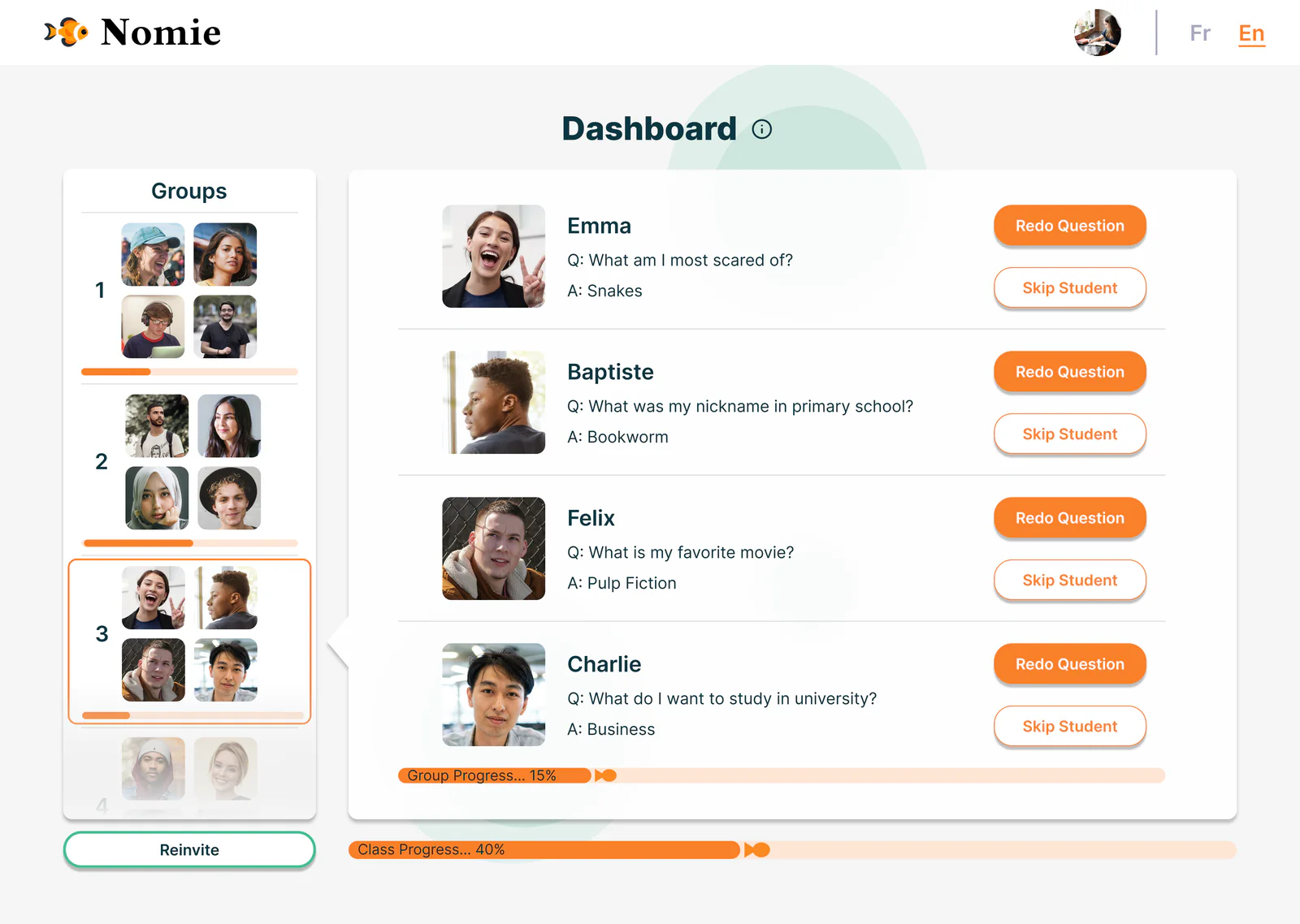 High-fidelity teacher dashboard: groups of student portraits on the left, and each student's question and answer with Redo Question and Skip Student buttons, above group and class progress bars