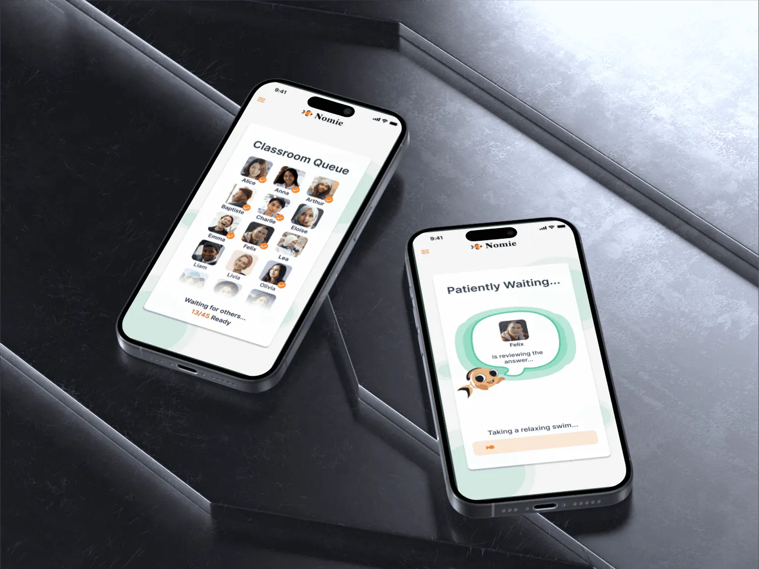 Two phones on a dark marble surface showing the redesigned game: a Classroom Queue of student portraits and a Patiently Waiting screen with the Nomie fish mascot