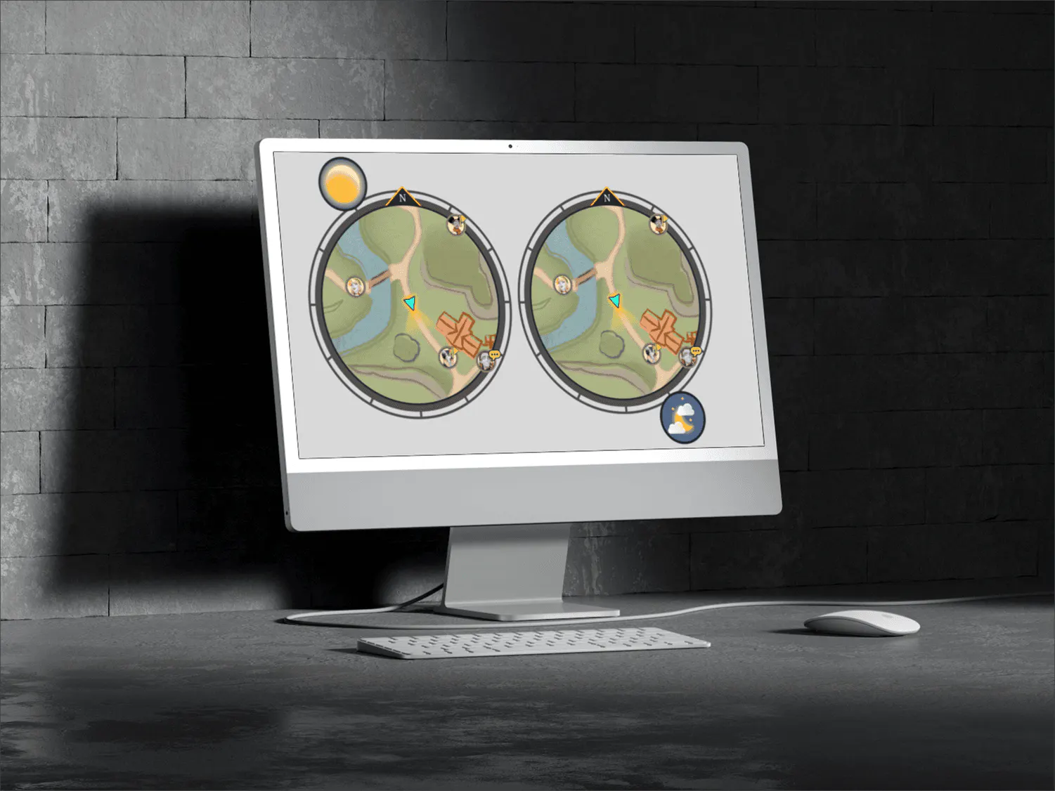 A silver desktop monitor and keyboard against a grey wall, the screen showing two of the circular minimaps