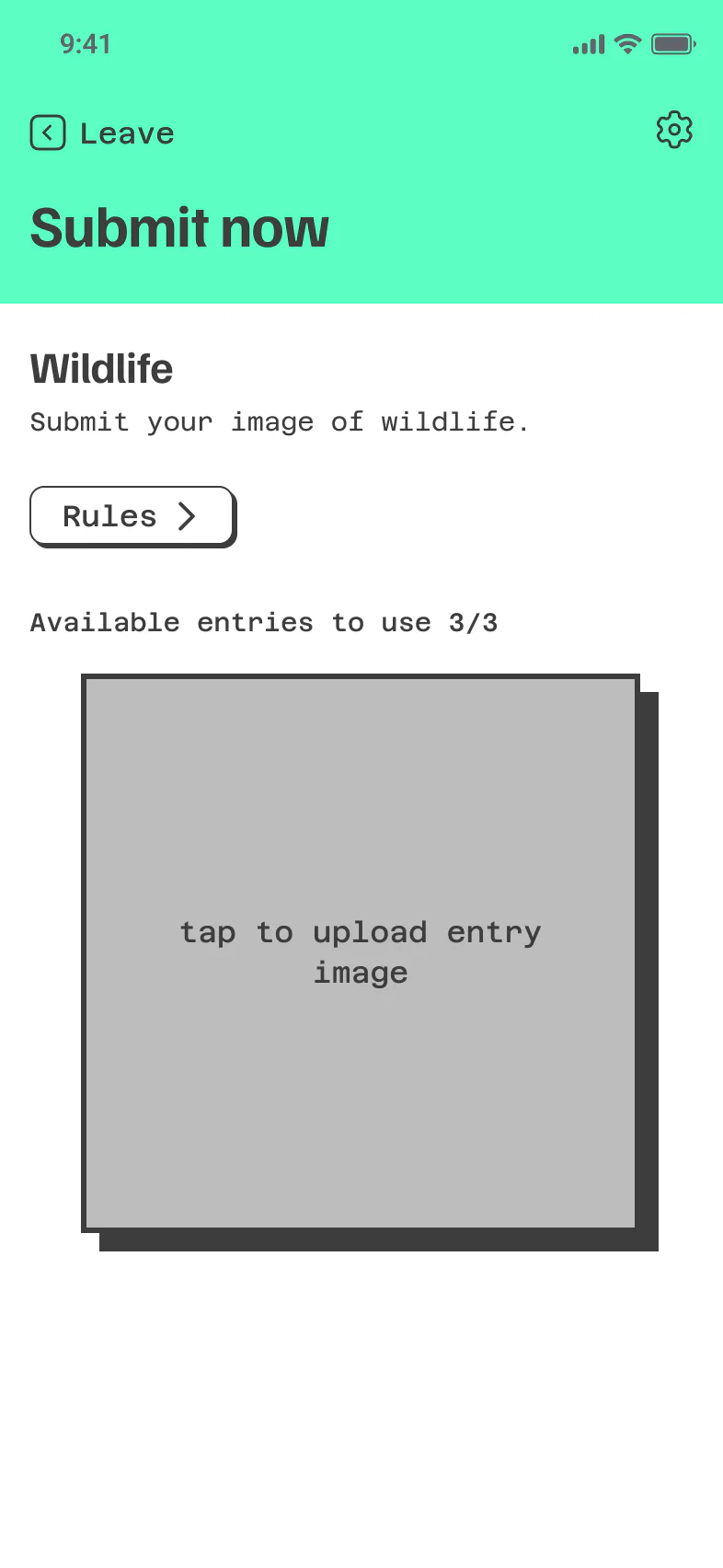 PikMe submit screen, round 2: a Wildlife contest with its rules behind a Rules button, a line reading Available entries to use 3/3, and an empty upload box