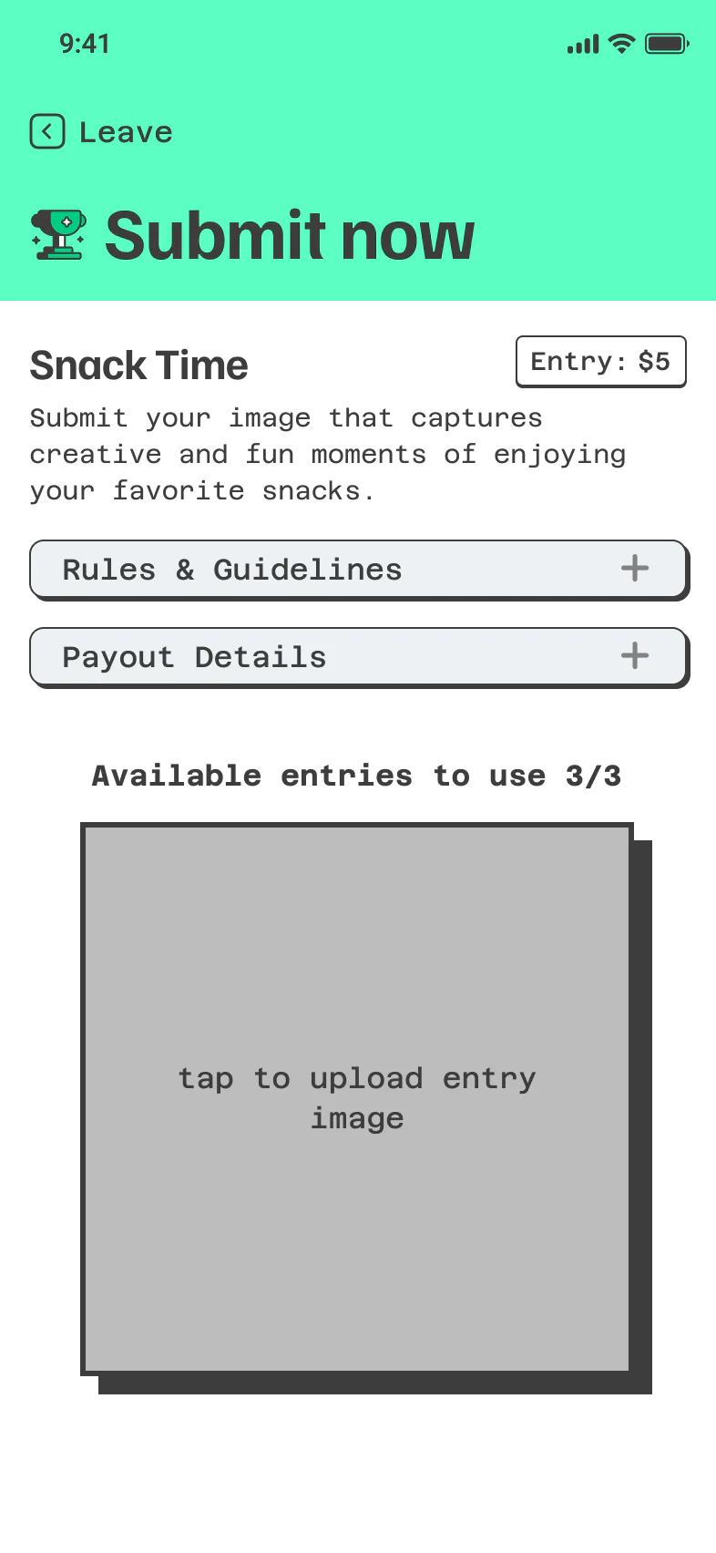 PikMe submit screen, round 3: a Snack Time contest with a $5 entry tag, Rules & Guidelines and Payout Details as rows that open, the entries left, and an upload box