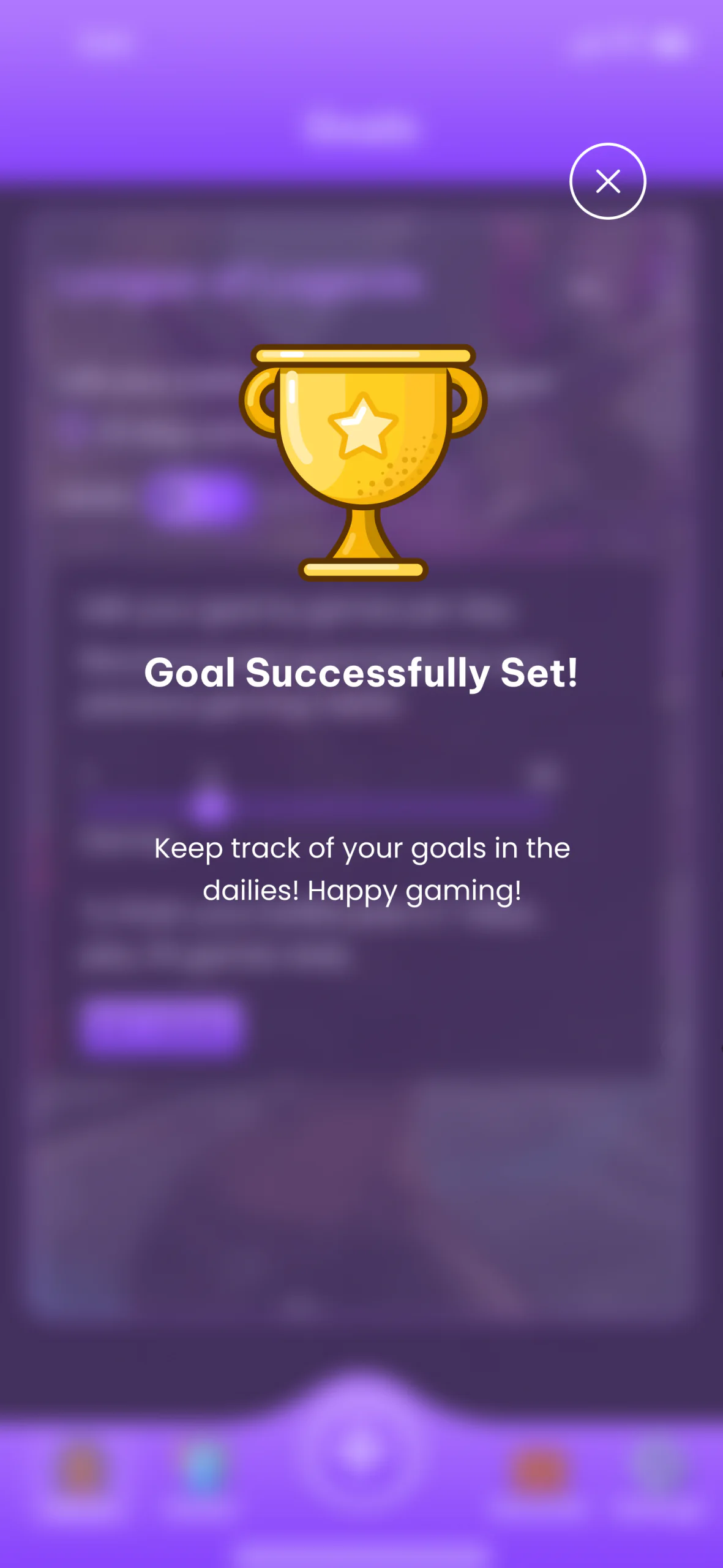 The celebration screen after the final adjustments: the gold trophy, Goal Successfully Set!, the same line about the dailies, and no Game Time button
