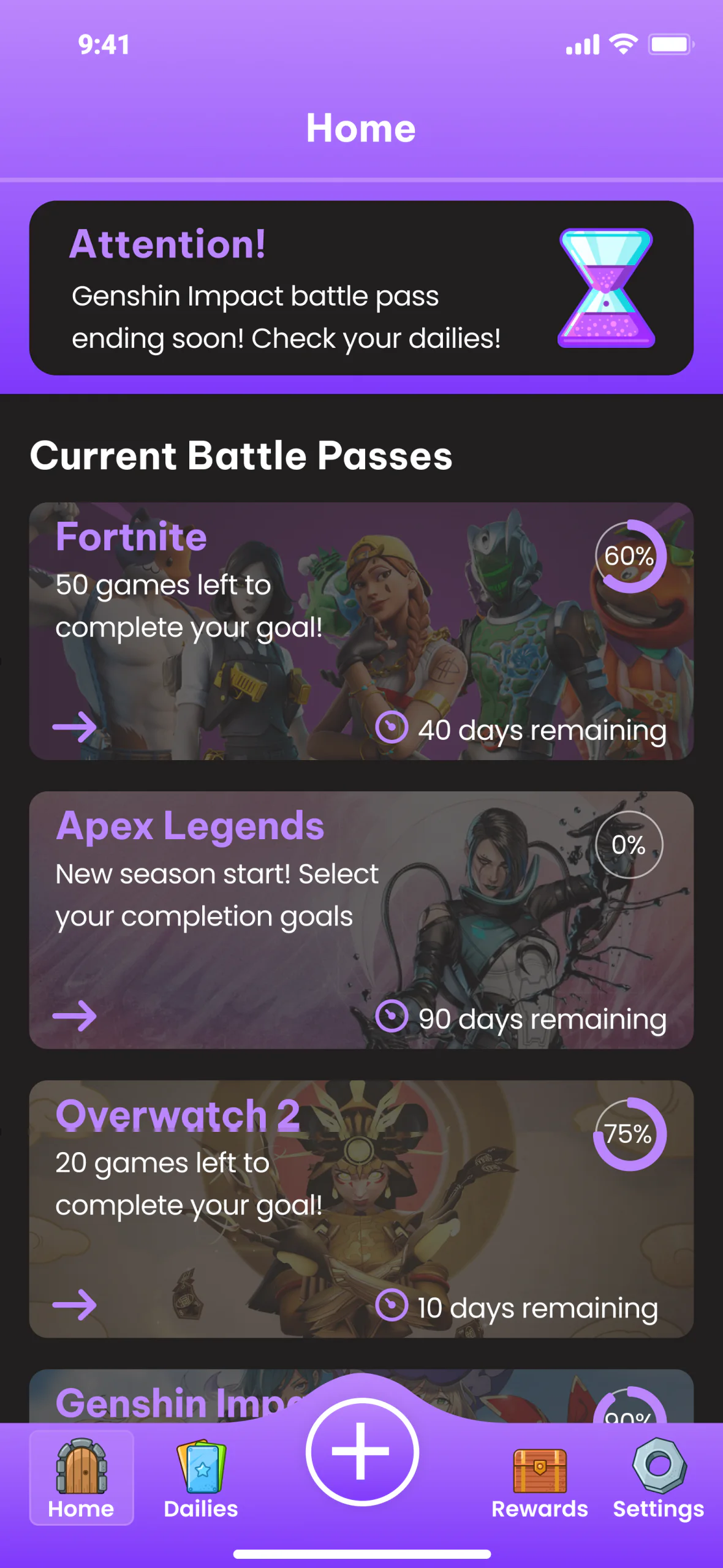 Home before the final adjustments: battle passes listed as Fortnite, Apex Legends, Overwatch 2, Genshin Impact, each with a small progress wheel