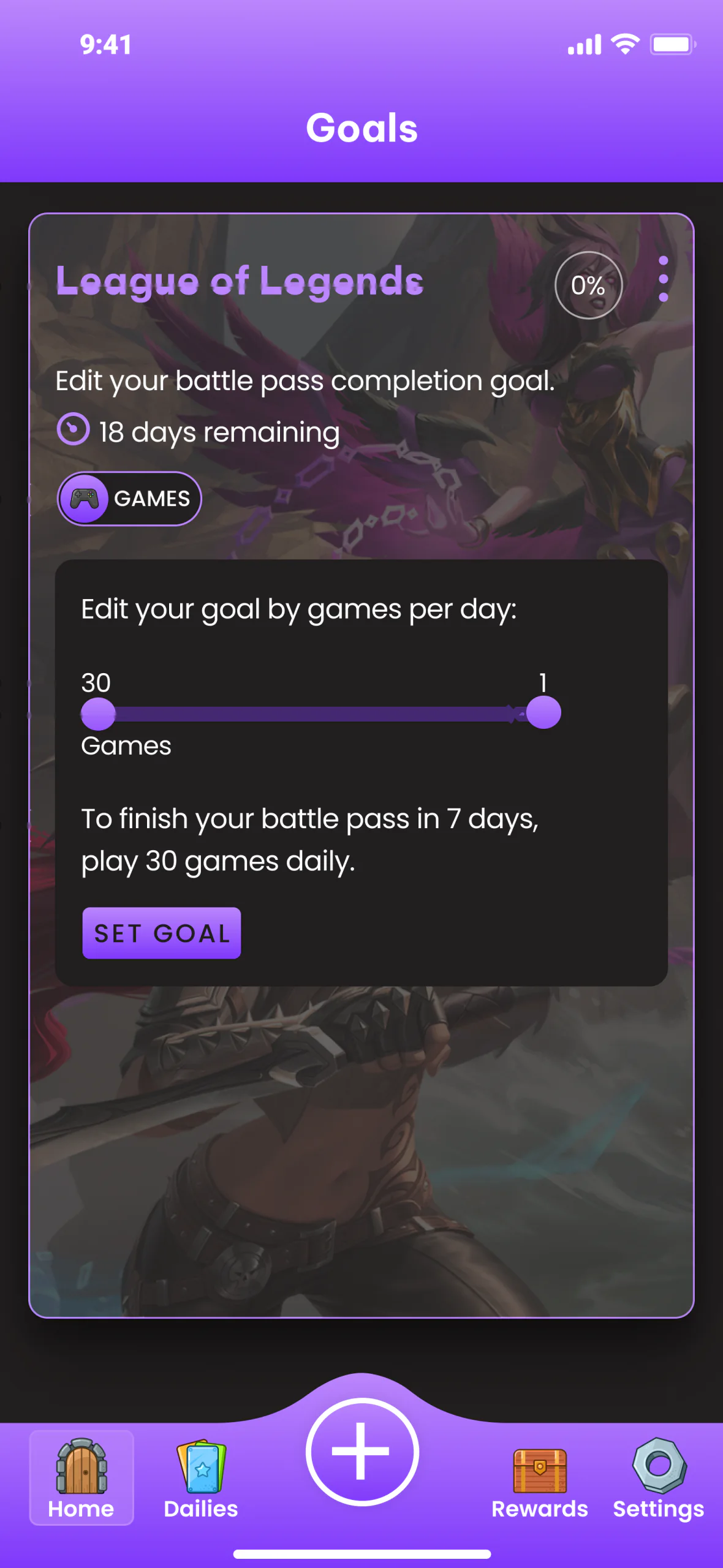 The League of Legends goal screen before the final adjustments: a small 0% wheel, a single Games toggle, and a slider from 30 to 1 games with two circles on a solid dark panel