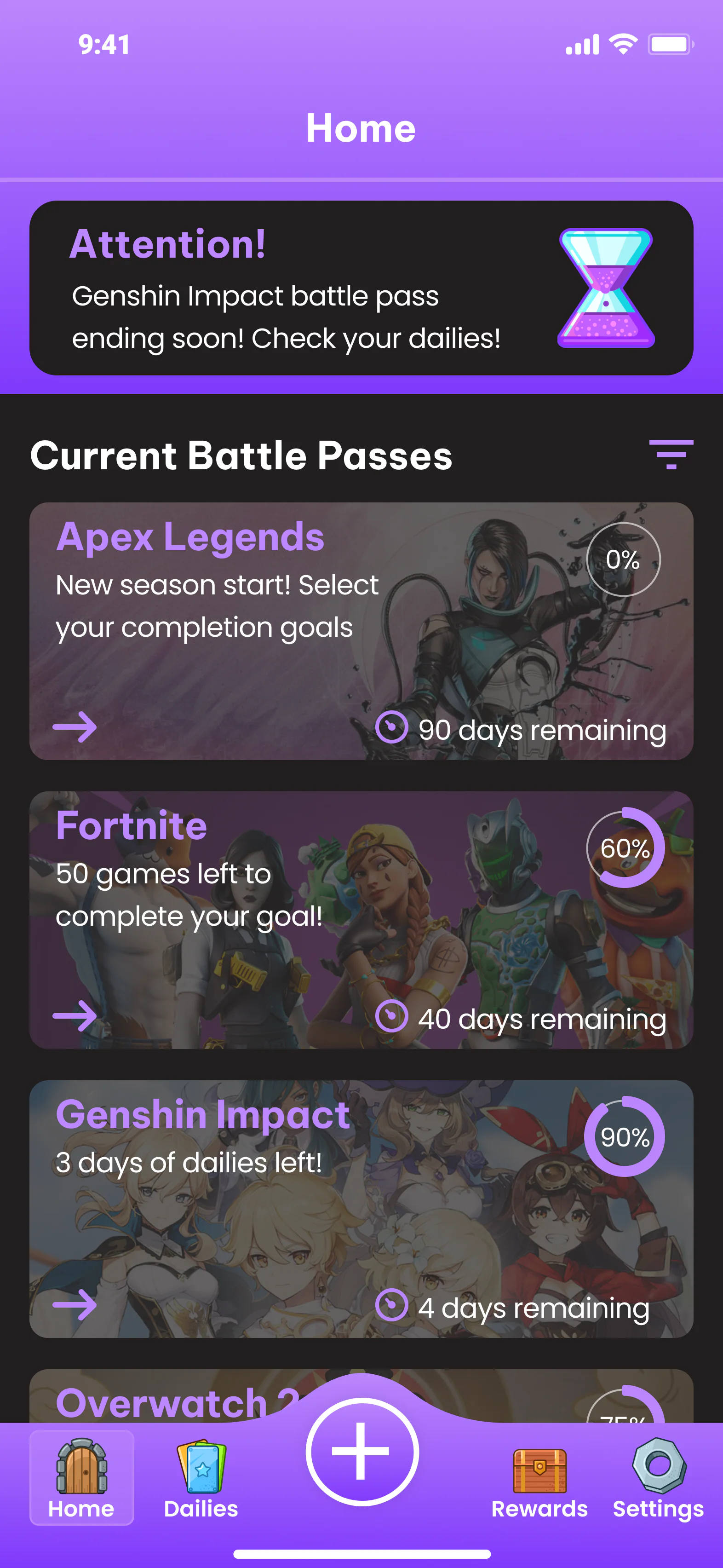 Queue Up home: current battle passes with progress rings