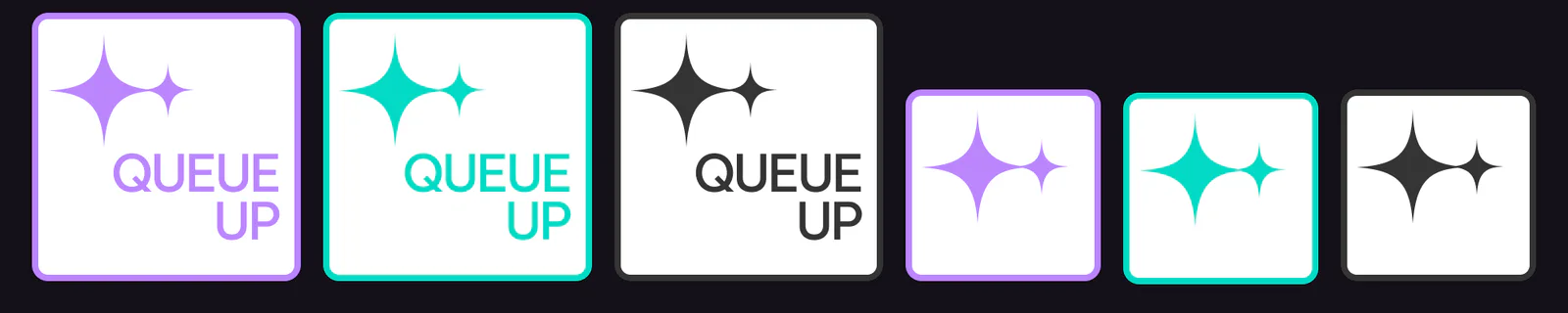The Queue Up logo in six tiles: a large and a small sparkle above the words Queue Up in purple, teal, and black, then the sparkles alone in the same three colours