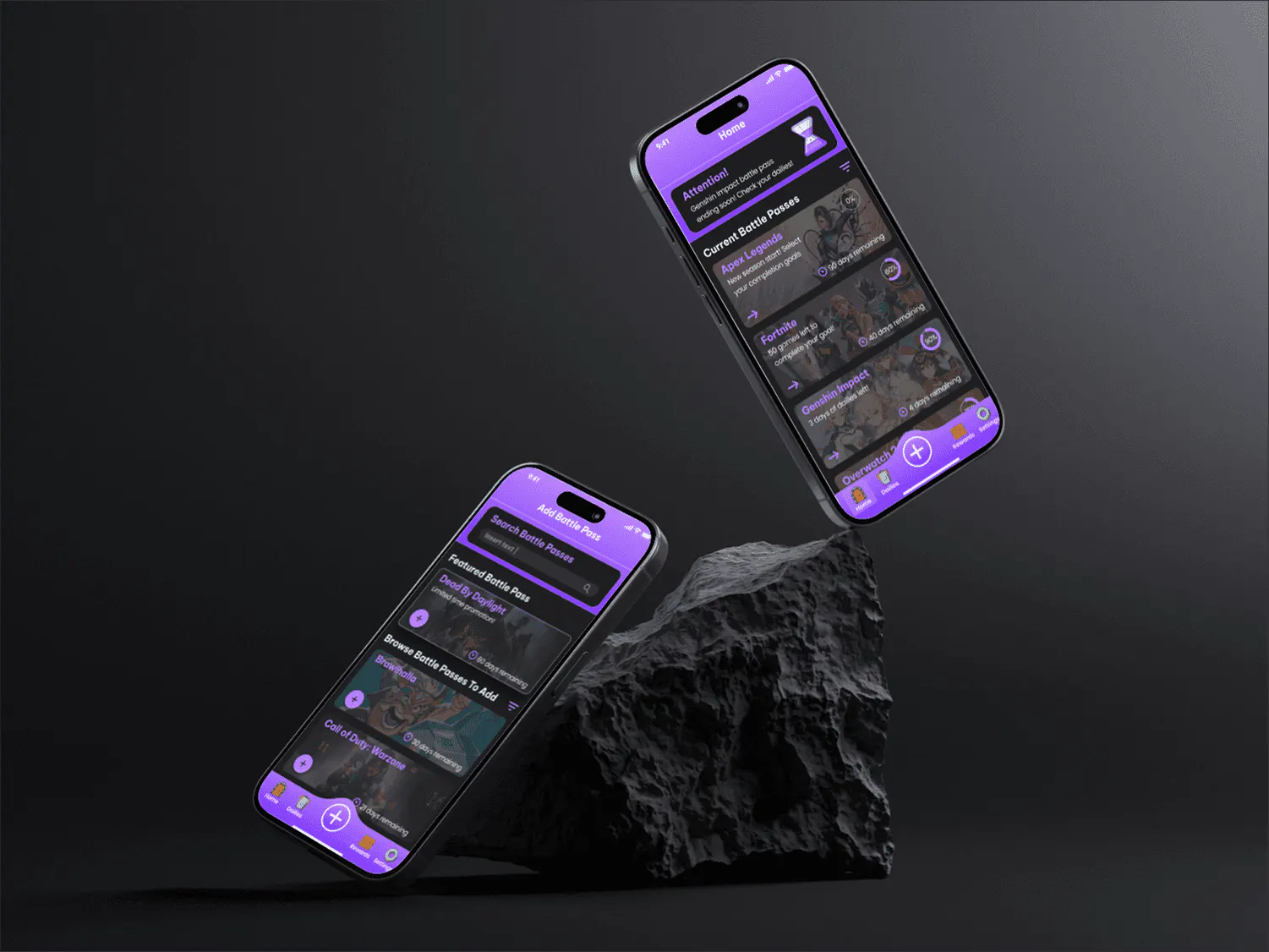 Two phones balanced on a dark rock showing Queue Up's purple Home screen with current battle passes, and the Add Battle Pass screen