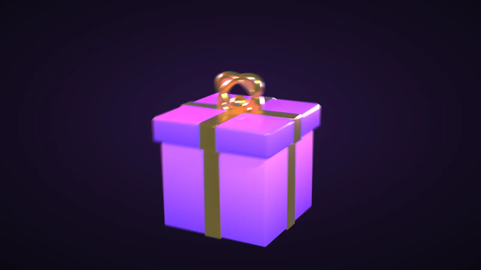 A violet gift box with a gold ribbon and bow, rendered in 3D