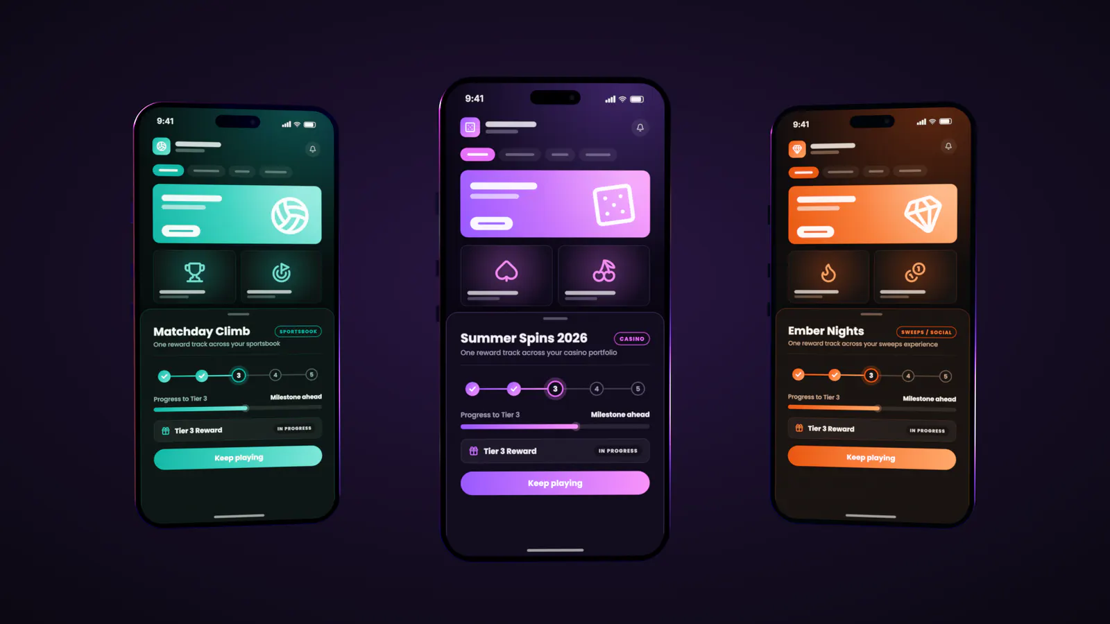 Three 3D phones, each running its own reward track in the same card: a teal sportsbook, a purple casino and an orange sweeps theme