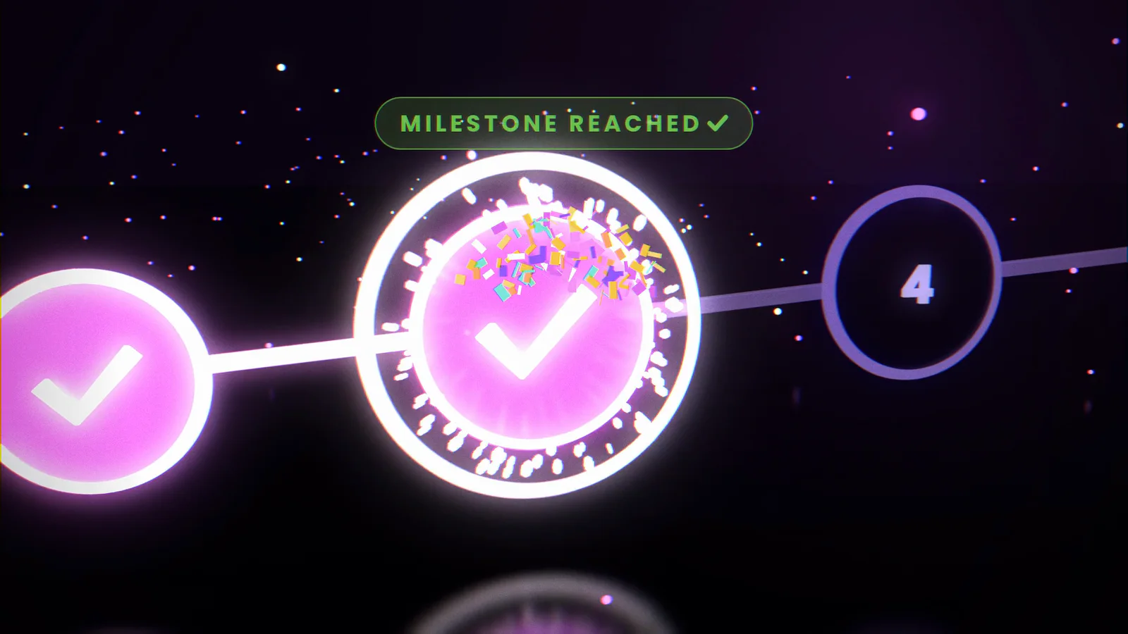 A 3D progression rail with a glowing tier node bursting into confetti under Milestone reached