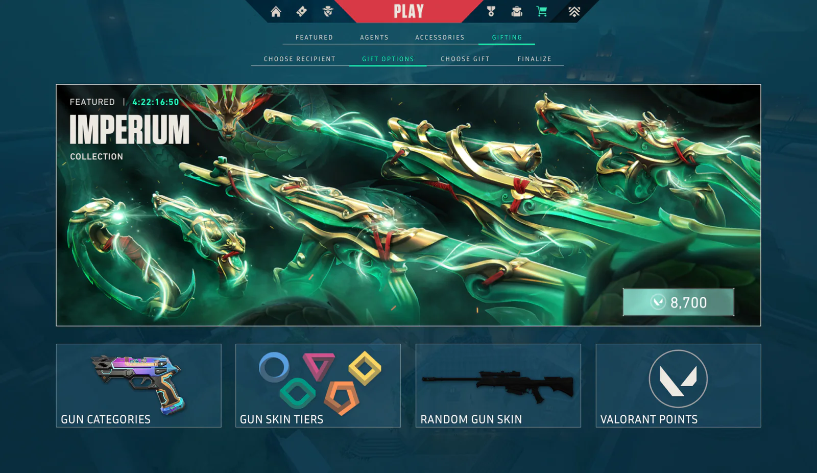 The concept's gift options screen before testing: the Imperium collection as a featured banner at 8,700, above gun categories, gun skin tiers, a random gun skin, and VALORANT Points