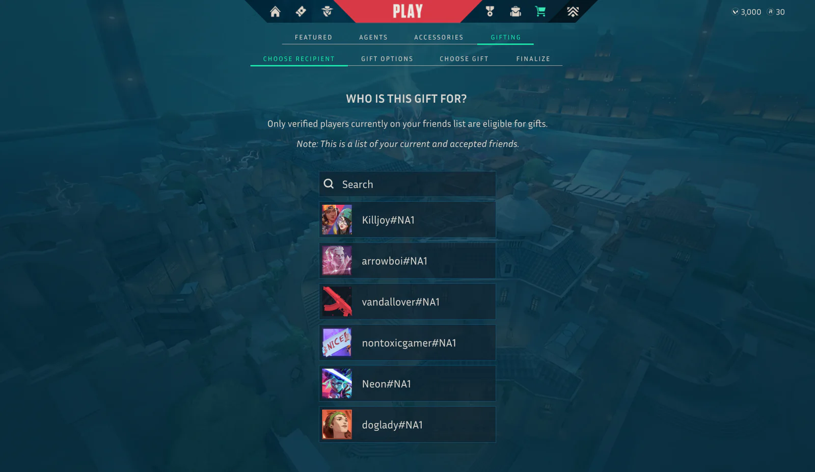 The concept's 'Who is this gift for?' screen after testing: copy saying only verified players on your friends list are eligible for gifts, and the player's VALORANT Points balance in the upper right
