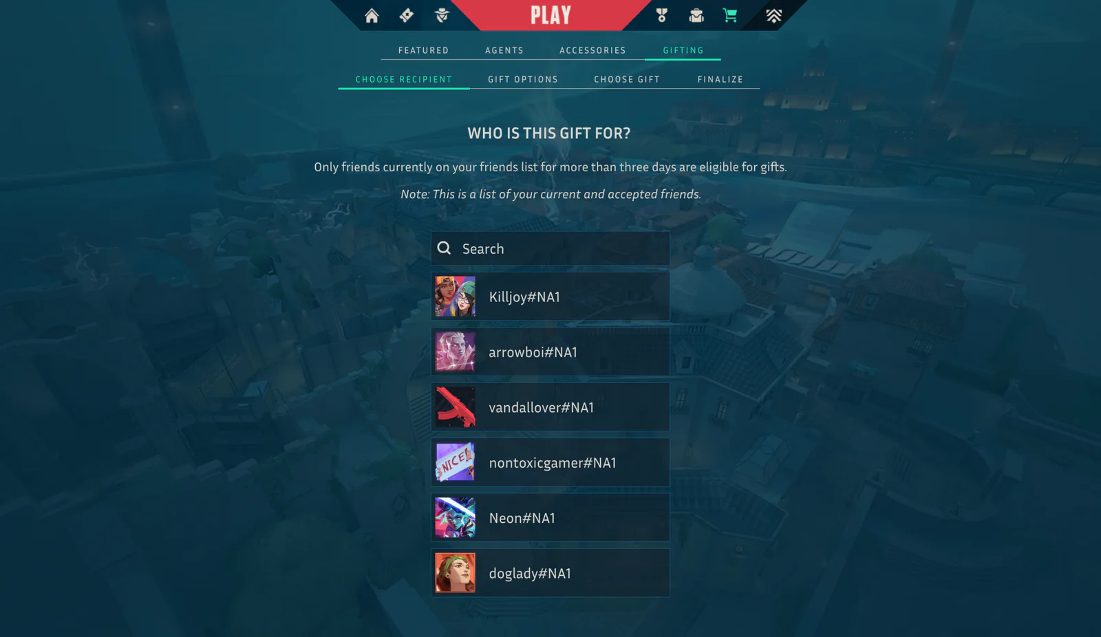 The concept's 'Who is this gift for?' screen before testing: copy saying only friends on your list for more than 3 days are eligible for gifts, a search field, and 6 friends