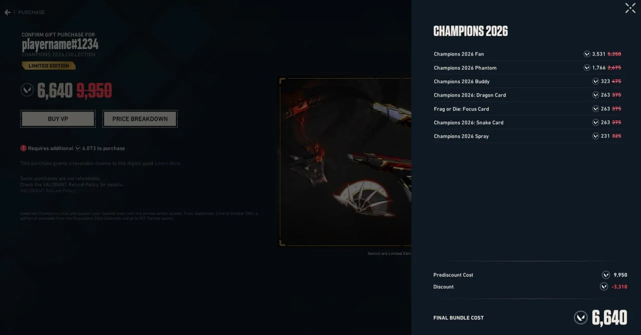 The delivered Price Breakdown panel, over the confirm screen: the bundle's 7 items with their prices, a prediscount cost of 9,950, a discount of 3,310, and a final bundle cost of 6,640 VALORANT Points